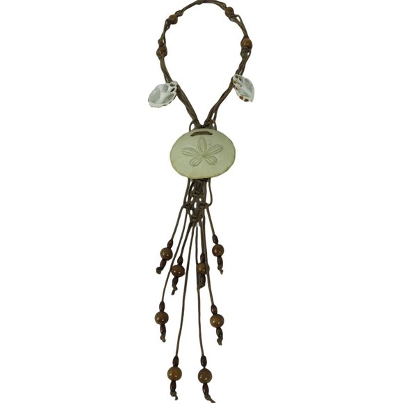 Vintage 70s Macramé Sand Dollar Shell Bead Necklace Hanging Wall Art - Picture 7 of 10